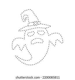 Ghost with witch hat tracing worksheet for kids
