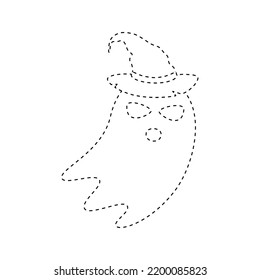 Ghost with witch hat tracing worksheet for kids