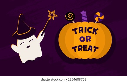 A ghost with a witch's hat and a magic wand conjures a pumpkin. Helloween party.Trick or Treat.  Invitation with character. Vector.