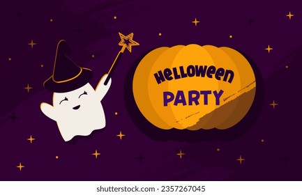 A ghost with a witch's hat and a magic wand conjures a pumpkin. Helloween party. Invitation with character. Vector.