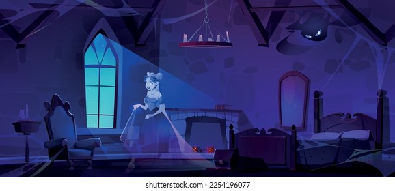 Ghost woman in haunted castle room at night. Vector cartoon illustration of spooky female silhouette in medieval dress walking in abandoned palace bedroom covered with spider web. Halloween phantom