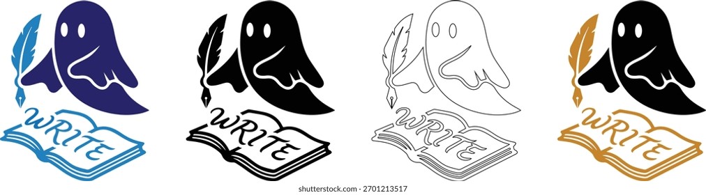 Ícone de escritor fantasma com fantasma, caneta e livro aberto. Escrita criativa, narrativa, design de livros, autores, imaginação. Ilustração vetorial editável