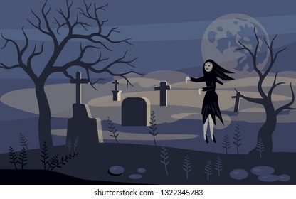 Ghost and zombie on Scary Halloween background with old cemetery and moonlit night. Flat Art Vector illustration