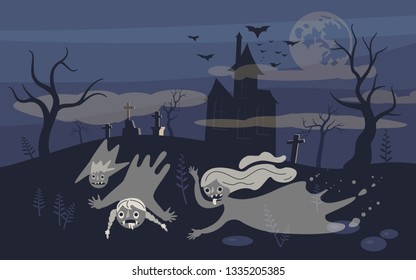 Ghost and zombie on Scary Halloween background with old cemetery and moonlit night. Flat Art Vector illustration