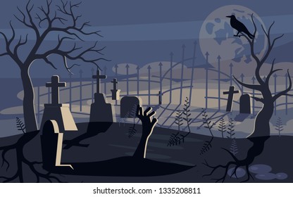 Ghost and zombie on Scary Halloween background with old cemetery and moonlit night. Flat Art Vector illustration