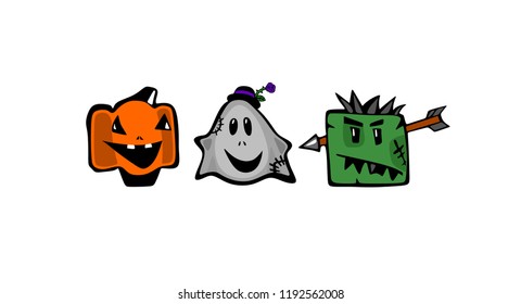Ghost, a zombie and a smiling Halloween pumpkin .Comical cartoon characters on a white background