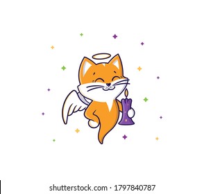 The ghost-cat with angel wings holding a candle. Vector Halloween illustration on white background with stars. The wonderful character for posters, parties, designs, stickers and holiday invitations