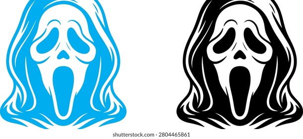 Ghostface masks in blue and black, iconic symbols of Halloween and the Scream movie franchise.