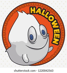 Ghostly apparition of a chubby and smiling spirit over a round button for Halloween celebration.