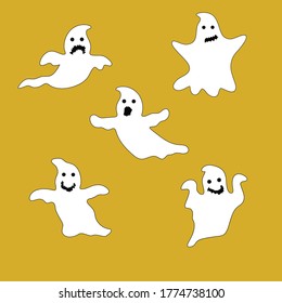 A ghostly character. Halloween scary Ghost monster, dead creepy and cute funny. Phantom costume isolated cartoon vector icon set