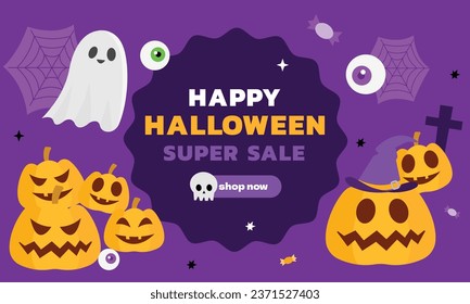 Ghostly Charm, Happy Halloween Banner Featuring Cute Ghost, Tomb, and Pumpkin