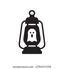 A ghostly face emerges from an old-fashioned lantern silhouette, evoking eerie Halloween vibes.