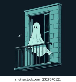 A ghostly figure appearing at the window of an abandoned house on a chilling Halloween night. Vector Illustration.