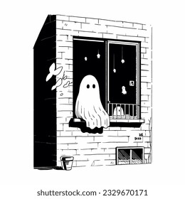 A ghostly figure appearing at the window of an abandoned house on a chilling Halloween night. Vector Illustration.