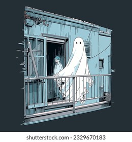 A ghostly figure appearing at the window of an abandoned house on a chilling Halloween night. Vector Illustration.