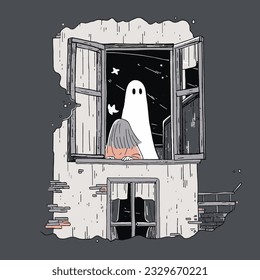 A ghostly figure appearing at the window of an abandoned house on a chilling Halloween night. Vector Illustration.