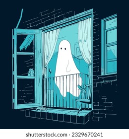 Eine geistreiche Figur, die am Fenster eines verlassenen Hauses an einer kühlen Halloween-Nacht erscheint. Vektorgrafik.