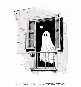 A ghostly figure appearing at the window of an abandoned house on a chilling Halloween night. Vector Illustration.