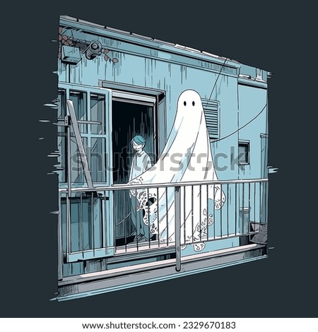 A ghostly figure appearing at the window of an abandoned house on a chilling Halloween night. Vector Illustration.