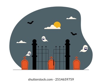 A ghostly ghost haunting a creepy cemetery, spooky vector illustration.