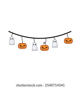 ghostly halloween garland cartoon. witchy pumpkin, skeleton cobweb, bats ghoulish ghostly halloween garland sign. isolated symbol vector illustration