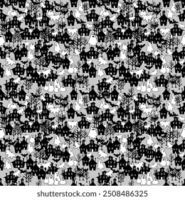 Ghostly Halloween Haunted Village Seamless pattern vector illustration Black and White Spooky Houses, Ghosts, and Bats on Gray Background for Festive Holiday Designs great for Halloween decor, textile