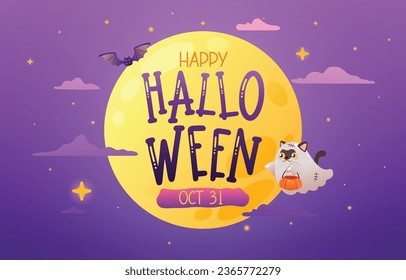 Ghostly Halloween Poster with Bats and Cat Under Full Moon, Vector, Illustration