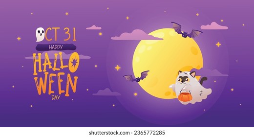 Ghostly Halloween Poster with Bats and Cat Under Full Moon, Vector, Illustration