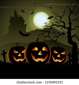 Ghostly Halloween poster with pumpkins and mysterious castle