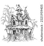 Ghostly Haunted House. vector haunted house on a hill.