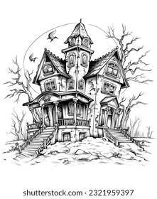 Ghostly Haunted House. vector haunted house on a hill.