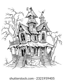 Ghostly Haunted House. vector haunted house on a hill.