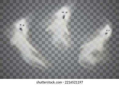 Ghostly phantom fly figures. A set of translucent isolated ghost.Vector illustration.