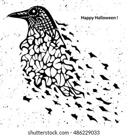 Ghostly raven on grunge background, Happy Halloween greetings