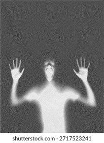Figura De Sombra Fantasmal Manos Sobre Vidrio. Imagen monocromática espeluznante de una figura de sombra o fantasma detrás de un vidrio texturizado, que evoca ansiedad, pánico y dolor psicológico.