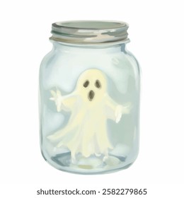 A ghostly specter glowing faintly inside a jar, exuding an ethereal and haunting light. Perfect for spooky decor and Halloween designs.