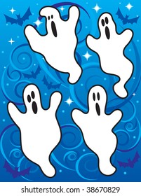 Ghosts and bats flying around in the sky on a windy spooky night.