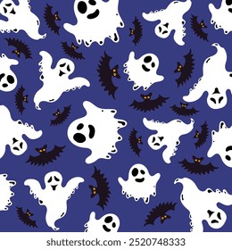 Ghosts and bats. Halloween design. Trick or treats, scary, pattern for background, frightening, vampires, afterlife, monsters, spook, specter, spirit, fearful. Vector illustration