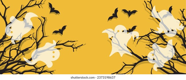 Ghosts, bats and tree branches on yellow background