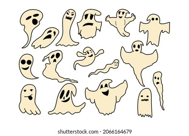 Ghosts Bundle 19 in 1, Simple Vector Ghosts with Cute and Spooky Faces, Spooky Halloween Set Layered Clipart