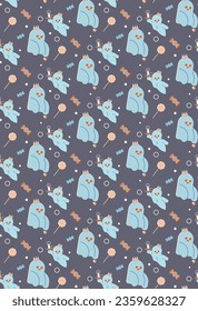 Ghosts and candies seamless pattern on a blue background. Halloween wrapper for packaging, cover, fabric, clothing