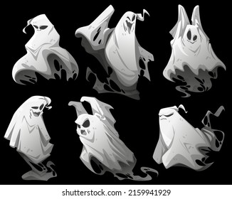 Ghosts, cartoon Halloween characters. Funny spooks creatures different emotions set. Spooky spirits emoji smiling, yelling, say boo. Fantasy monsters, horror, phantom personages, Vector illustration