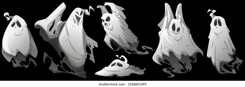 Ghosts, cartoon Halloween characters. Funny spooks emotions set. Spooky spirits personages different emoji smiling, yelling, say boo. Fantasy monsters, horror, phantom creatures, Vector illustration