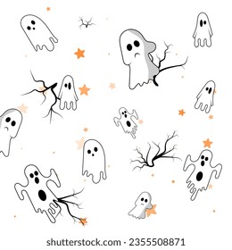 Ghosts cartoon Halloween seamless pattern on white background.Isolate Vactor illustration. 