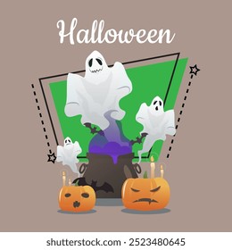 Ghosts, cauldron with potion, flying bats, pumpkins with candles on abstract background. Halloween lettering and calligraphy. Celebration, party, holiday concept. Vector illustration for banner design