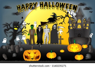 Ghosts characters in the dark night Halloween and full moon background as happy festival day and party concept. vector illustration.