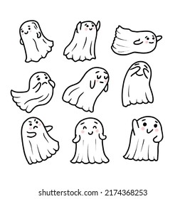 Ghosts collection in cute doodle style. Funny ghosts with different emotions. Vector illustration on white background. Halloween characters set. Trick or treat.