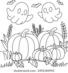 Ghosts in a cornfield Colouring. Halloween Outline Coloring Page