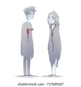 Ghosts couple. Cute young boy and girl in style of Dead Monster going for Halloween party. Vector illustration in flat cartoon style on white background. Element for your design, prints greeting card.