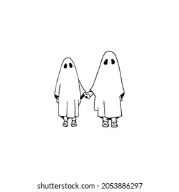 Ghosts Couple. Hand Drawn Sketch. Halloween Ghost Doodle. Vector